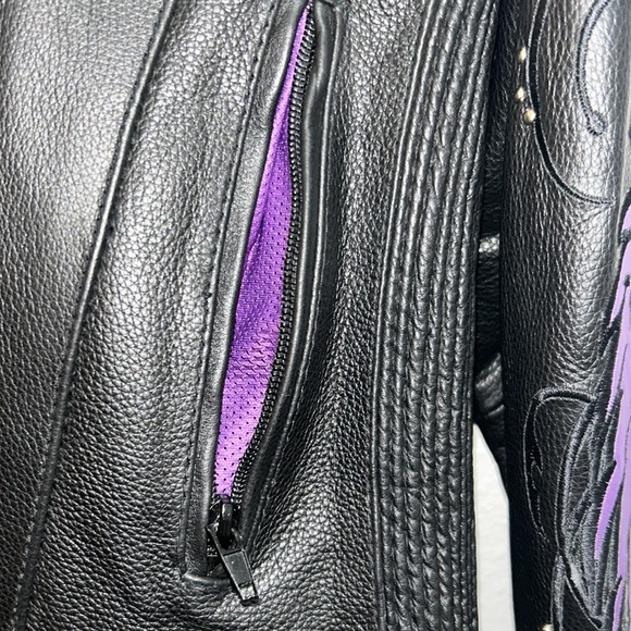 Women’s black purple motorcycle jacket with embroidered details - Picture 9 of 10
